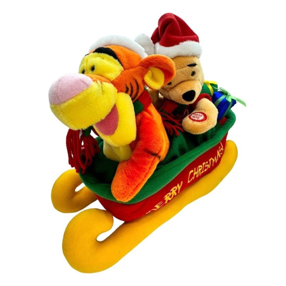 Vintage Disney Plush Animated Winnie the Pooh Tigger Christmas Sled Jingle Bells - Picture 9 of 15